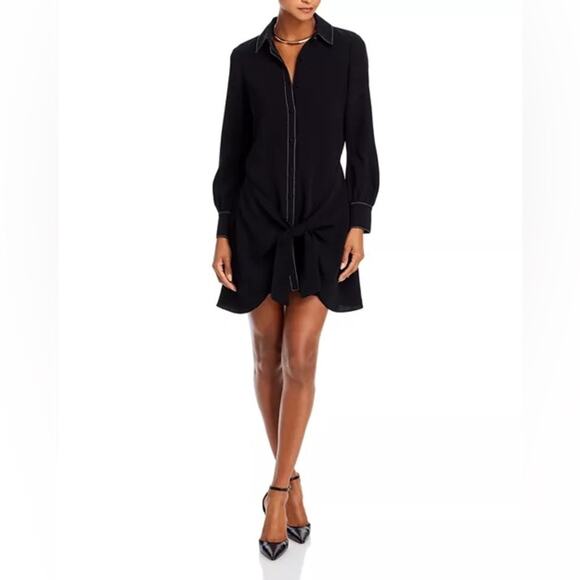 Cinq a Sept Gaby Tie Front Shirt Dress Womens 6 Black Mini Button Front - Picture 1 of 13